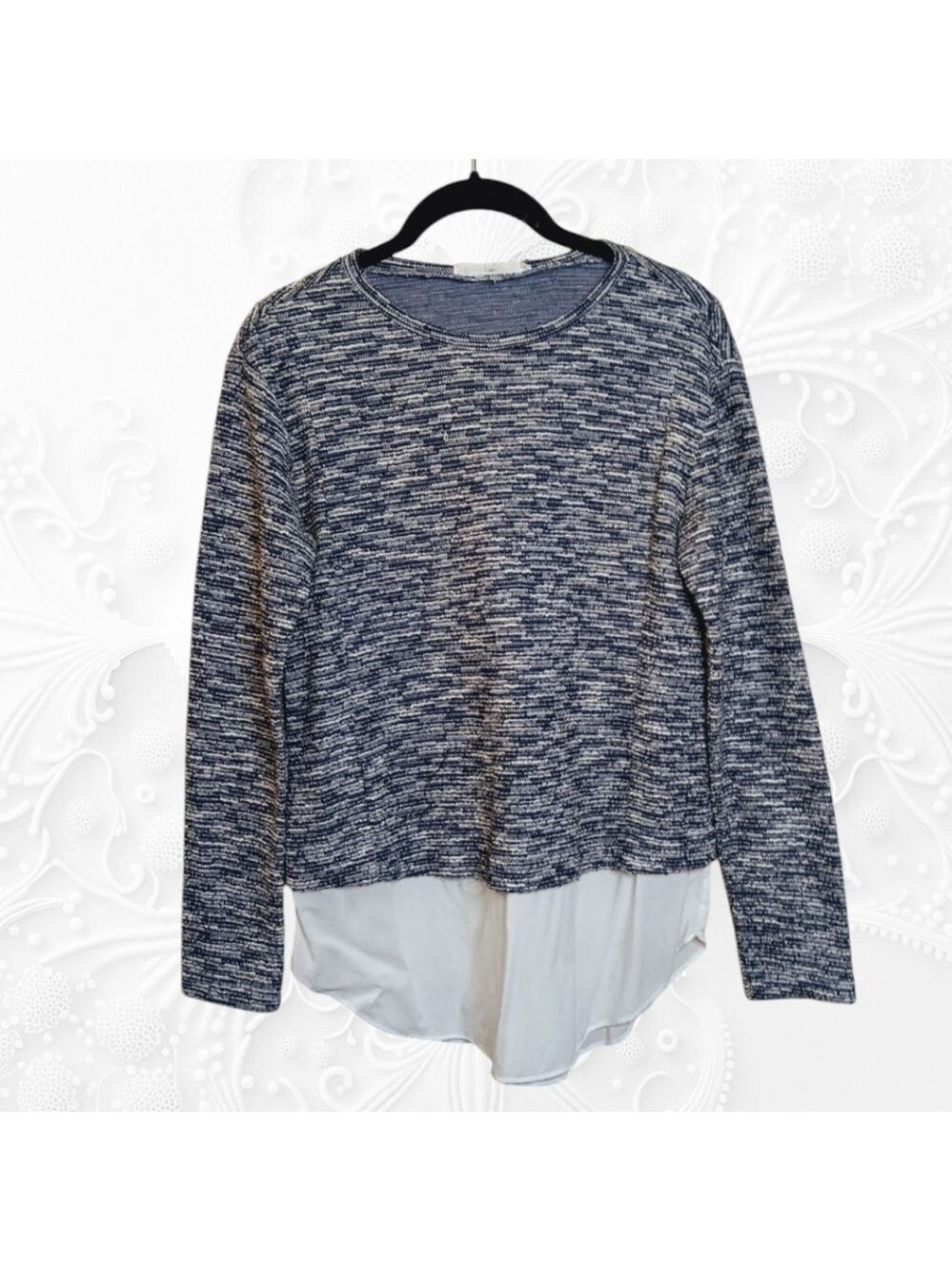 BCBG Generation Black & White Sweater Top With Faux Dress Shirt Hem